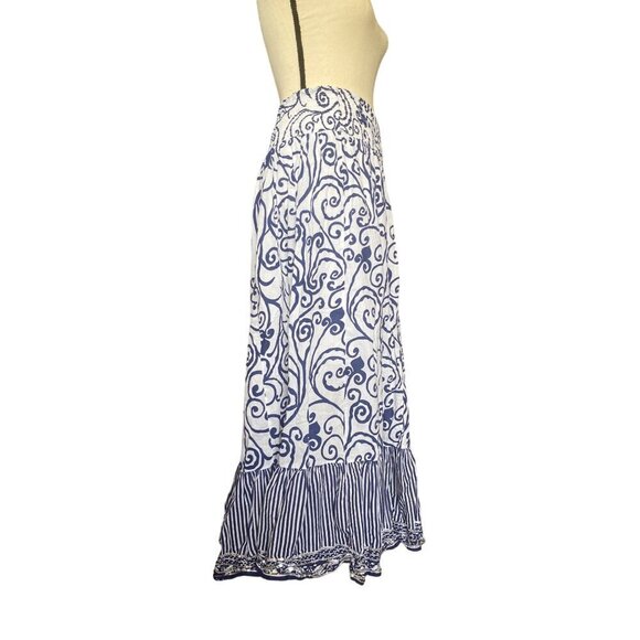 Women's Kalamkari Floral Blue White Striped Shirred Maxi Skirt, Size 14/16, Embe - Picture 5 of 10